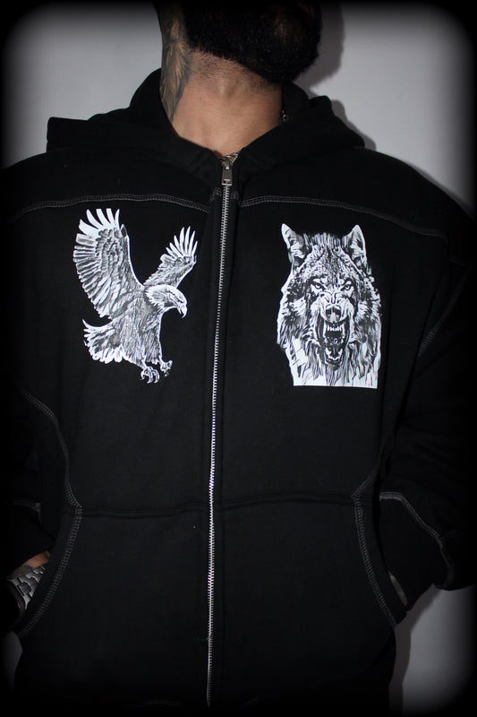 Contrast-Stitched Boxy Fleece Zip Hoodie
