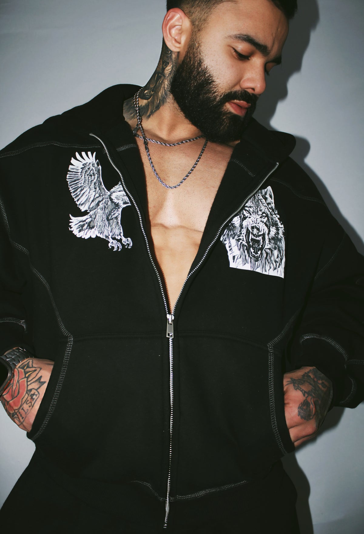 Contrast-Stitched Boxy Fleece Zip Hoodie