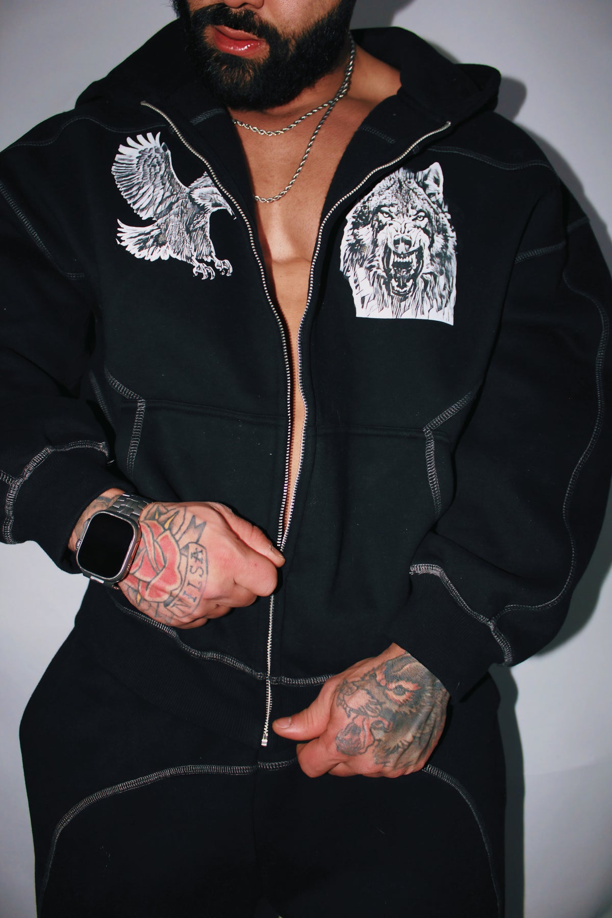 Contrast-Stitched Boxy Fleece Zip Hoodie